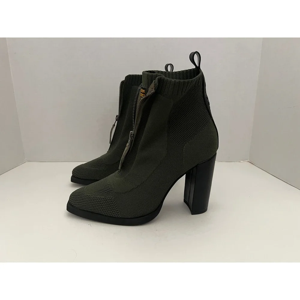 G-Star RAW Rackam Sock Boots Green Knit Front Zip Block Heel Ankle Boots NEW